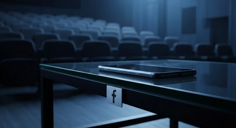 Teléfono boca abajo sobre mesa de vidrio con insignia Facebook