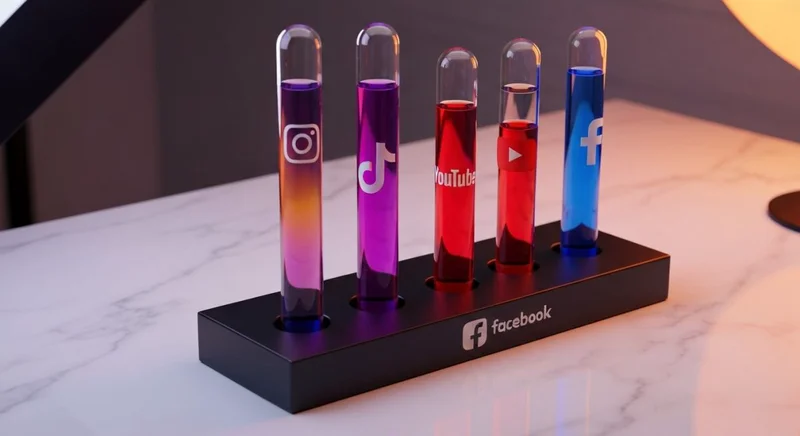 tubos de vidrio en rack con Instagram TikTok YouTube Facebook