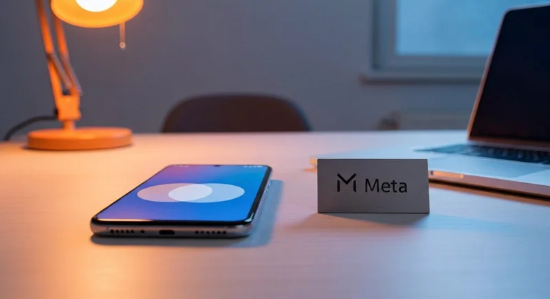 Xiaomi smartphone sobre escritorio claro junto a placa Meta metálica