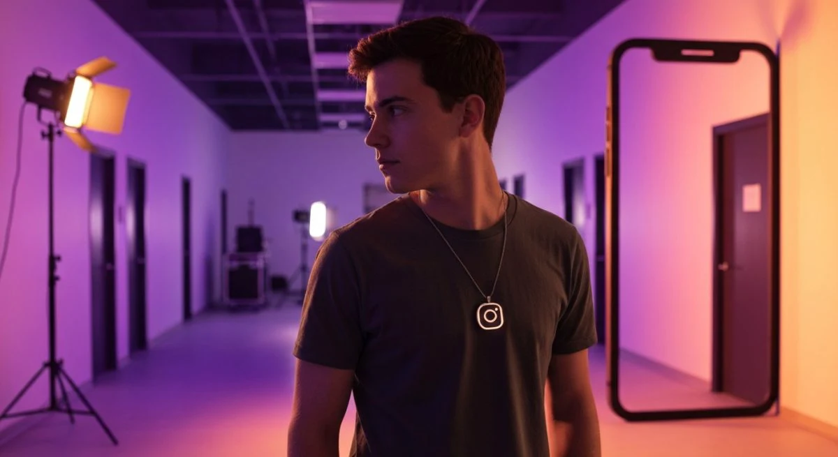 Actor joven de espaldas ante silueta gigante de smartphone Instagram