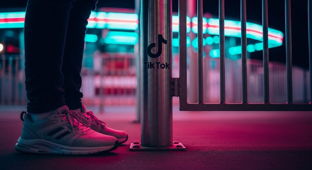 Adolescente con zapatillas junto a poste de altura en feria nocturna