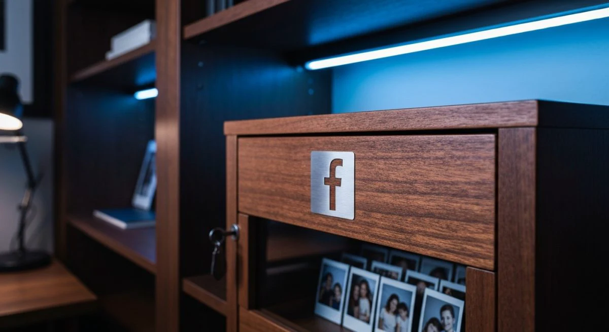 Archivador de madera con asa de metal grabado logo Facebook