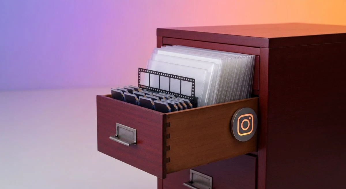 Archivador vintage de caoba usado como archivo Instagram con insignia
