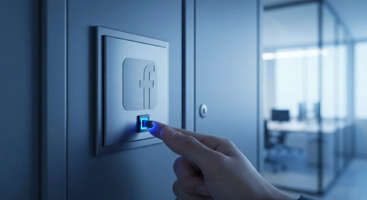 Armario de seguridad de pared con logo Facebook grabado y interruptor azul