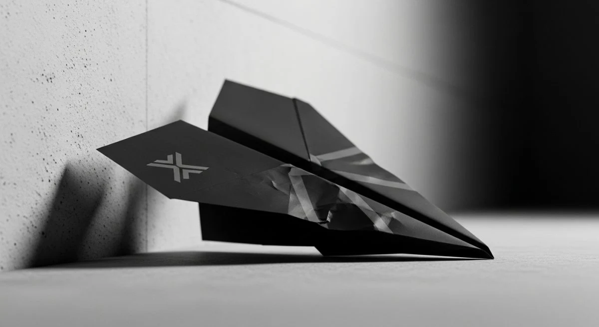 Avión de papel negro estrellado en suelo con logo minimalista