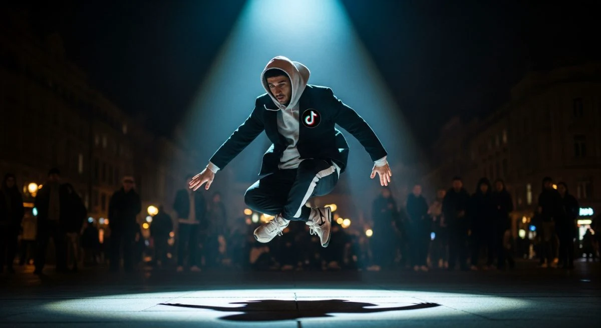 Bailarín en el aire con pin de TikTok en chaqueta
