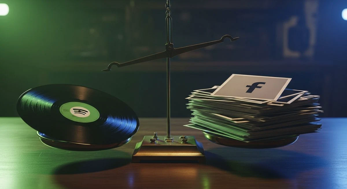 Balanza de bronce con disco de vinyl y logos de Spotify y Facebook