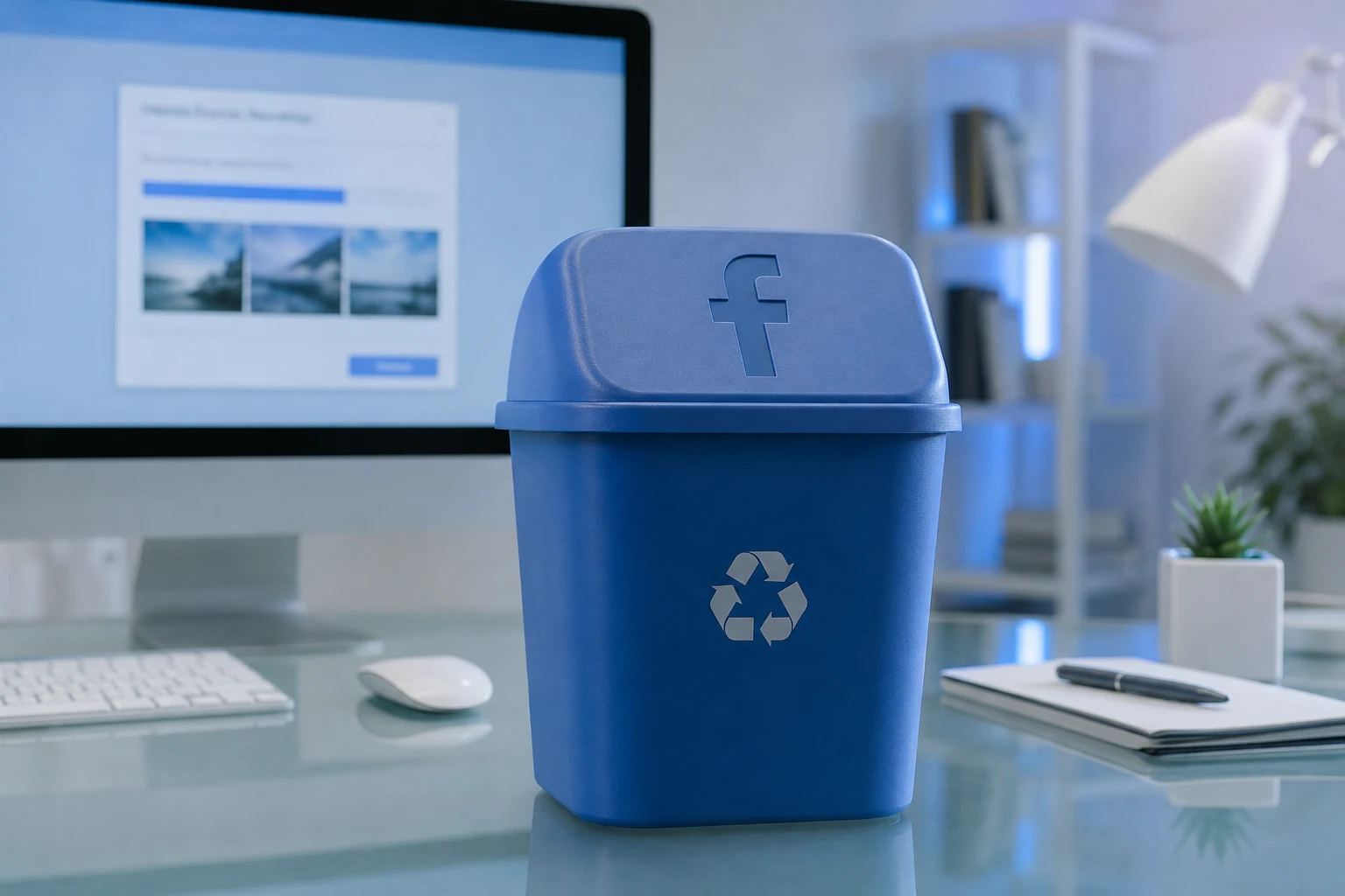 Bote de reciclaje azul con logo de Facebook en tapa
