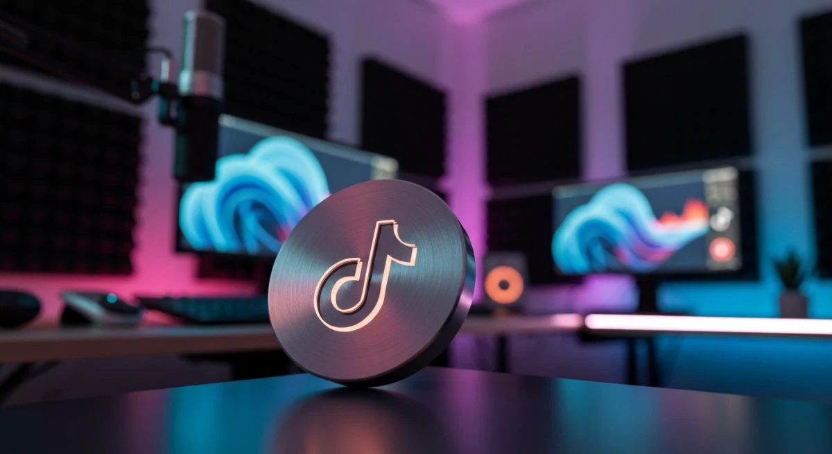 Botón circular grabado con logo TikTok sobre escritorio de streaming