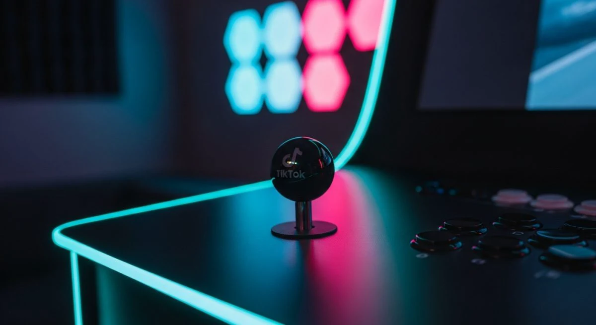 Cabinete de arcade moderno con joystick negro y logo de TikTok