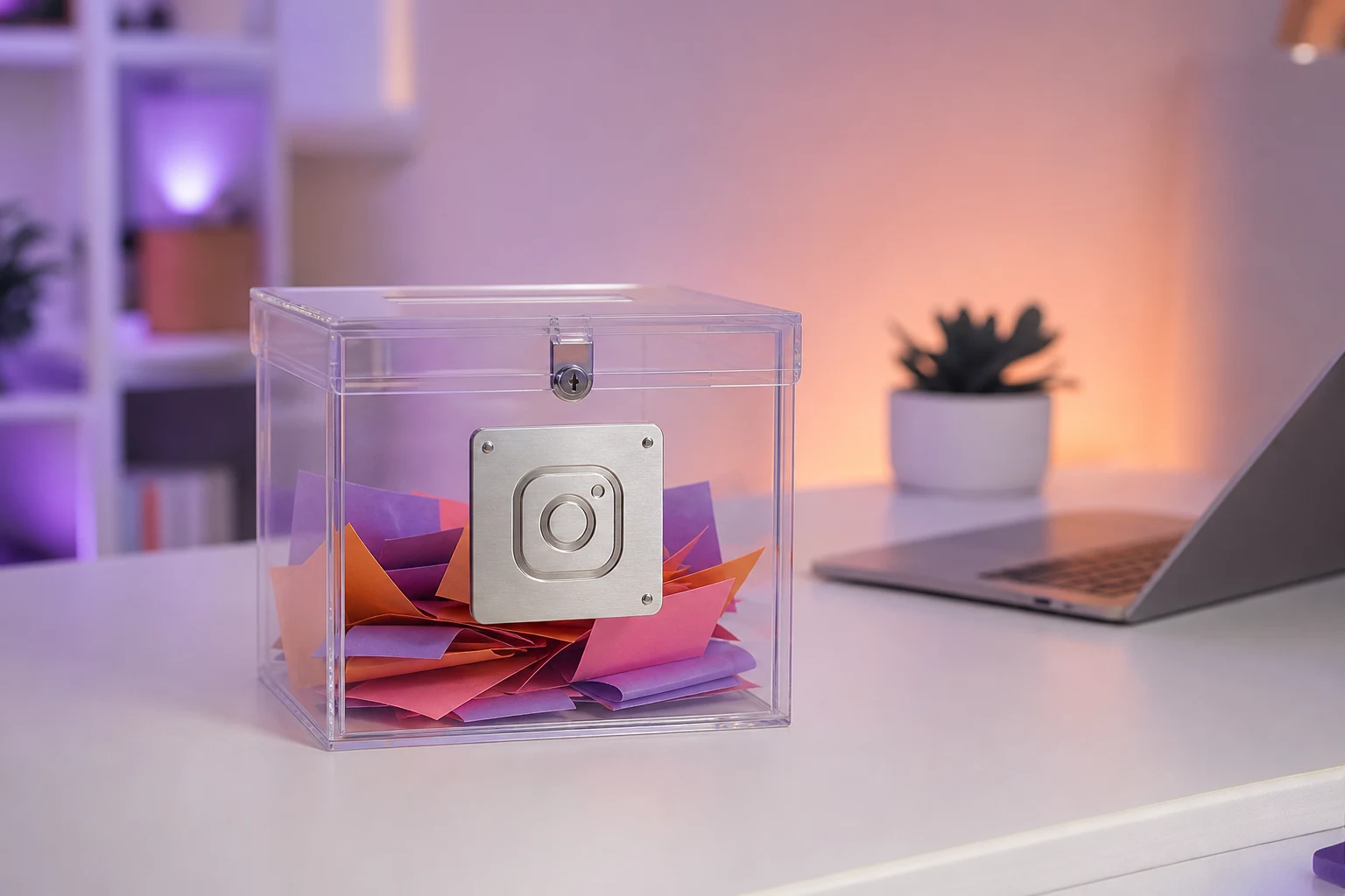 Caja sorteo acrílica transparente sobre escritorio blanco con logo Instagram