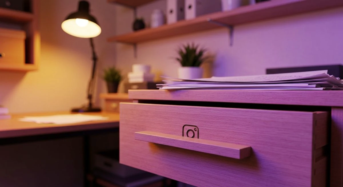 Cajón de madera con notas escritas y asa con Instagram