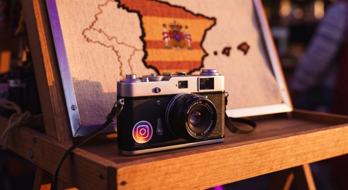Cámara analógica vintage sobre puesto de mercado con etiqueta Instagram