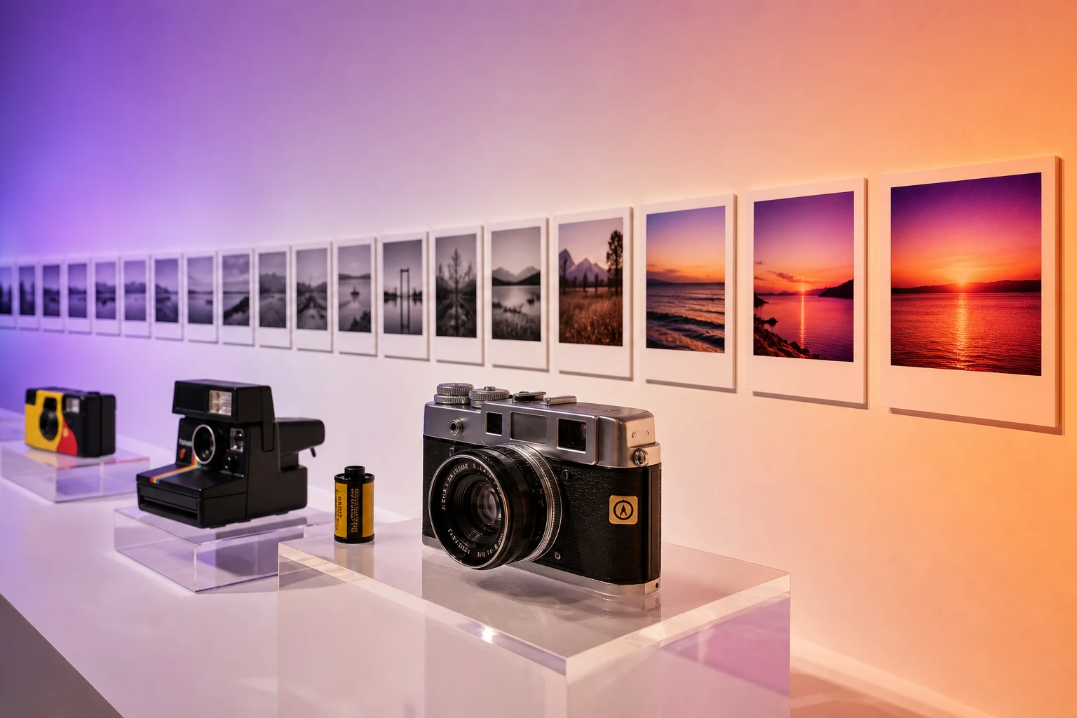 Cámara vintage sobre pedestal acrílico en exhibición evolución Instagram Polaroid