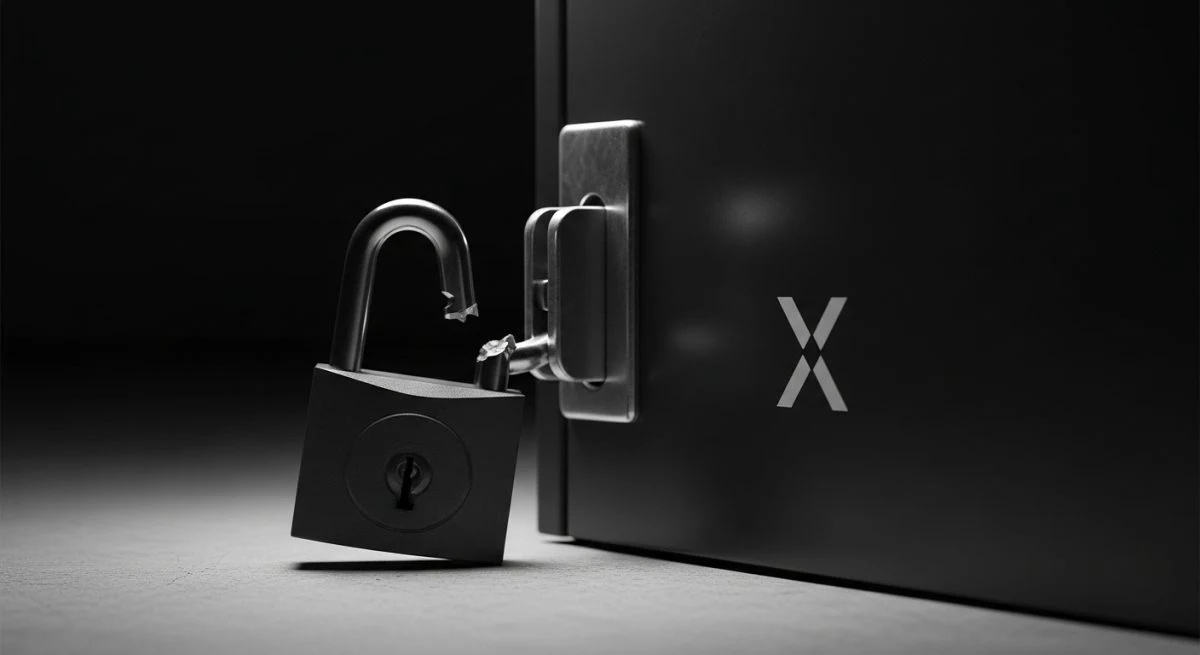 Candado de alta seguridad roto en caja negra con logo X