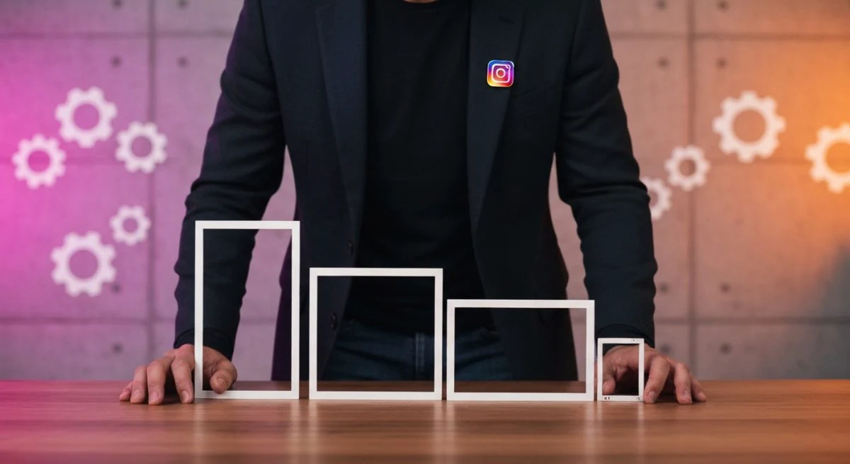 Cineasta estiloso en estudio organiza cuatro marcos Instagram con insignia