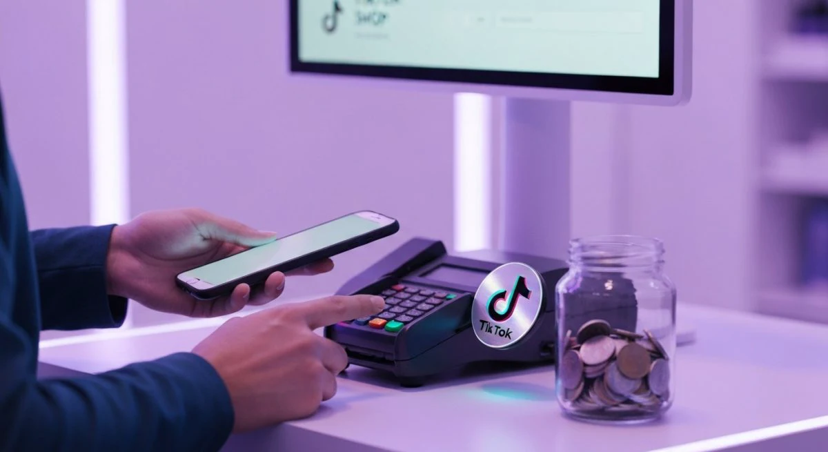 Cliente paga con teléfono frente a terminal con logo TikTok