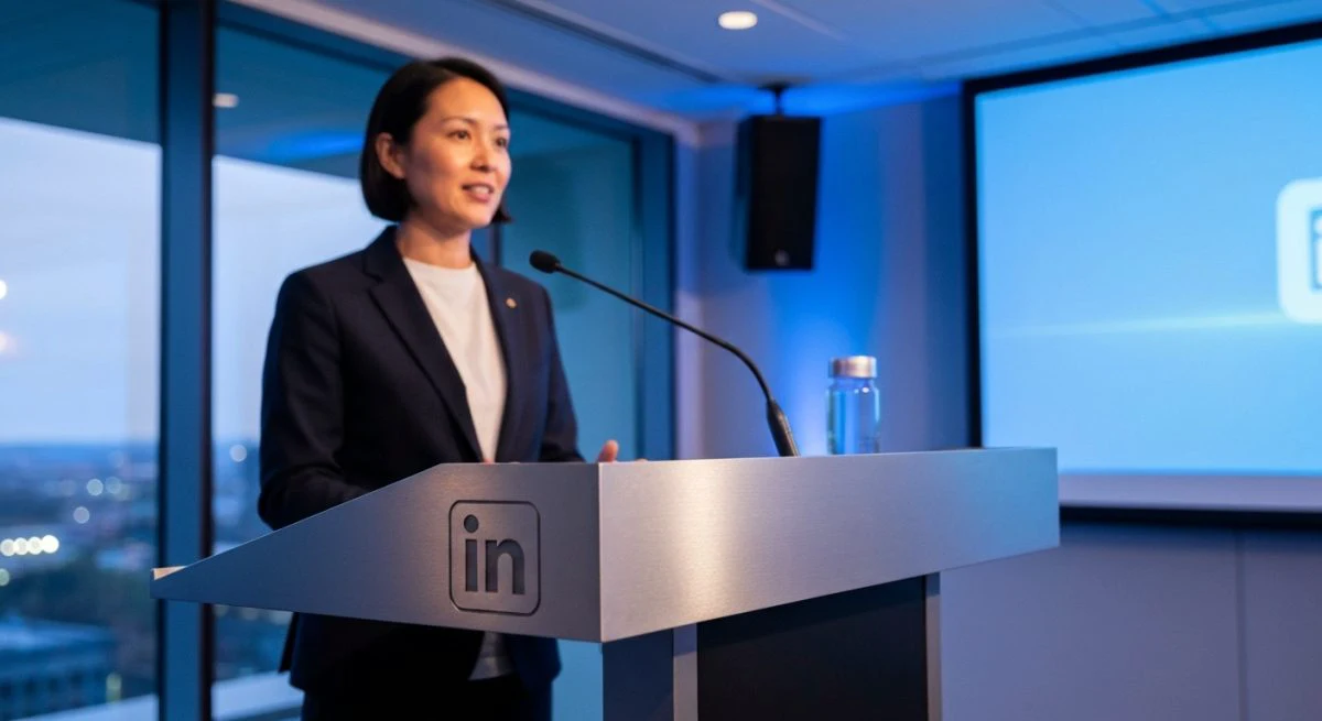 Coach bilingüe de pronunciación frente a podio con logotipo LinkedIn