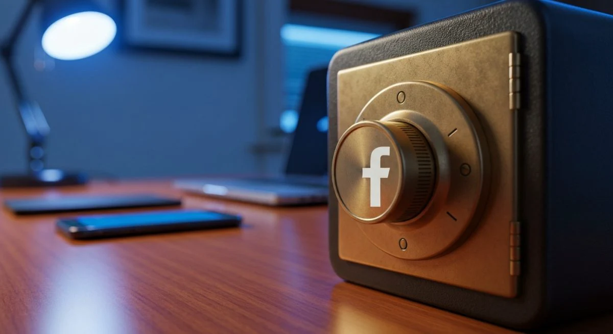 Cofre de latón con dial y logo Facebook en escritorio
