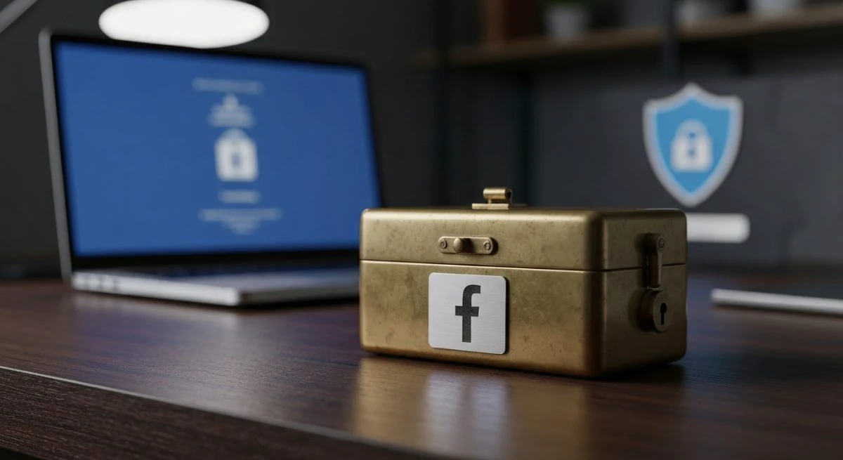 Cofre de latón vintage sobre escritorio oscuro con logo Facebook