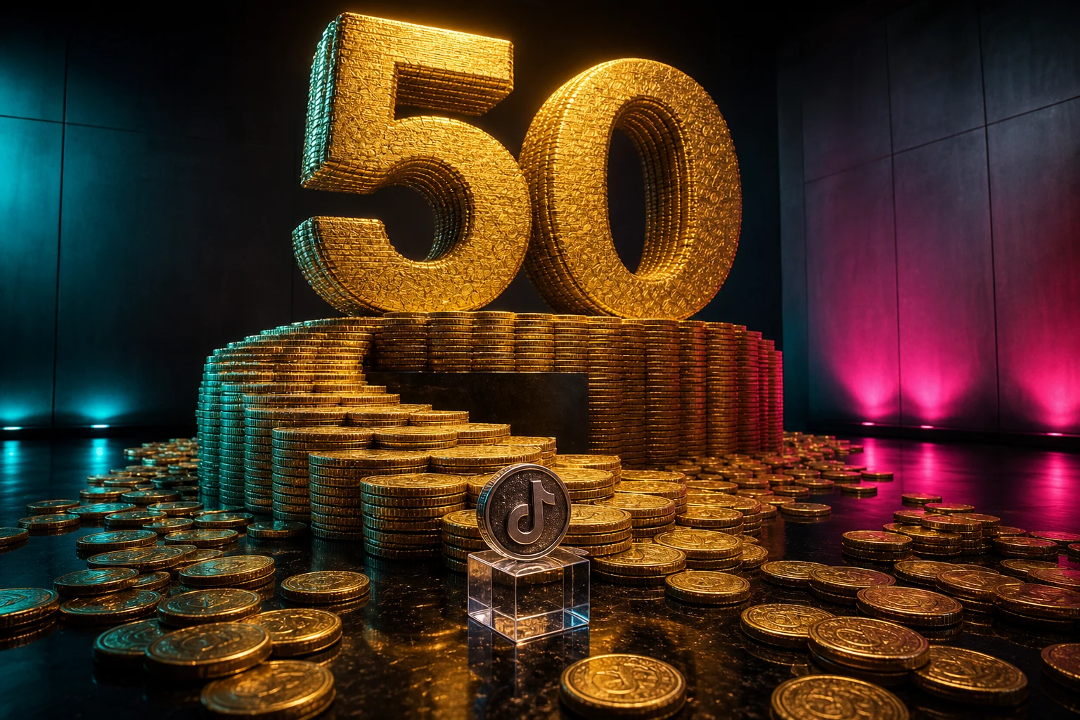 Colosal escultura 50 en oro con escalera de monedas TikTok