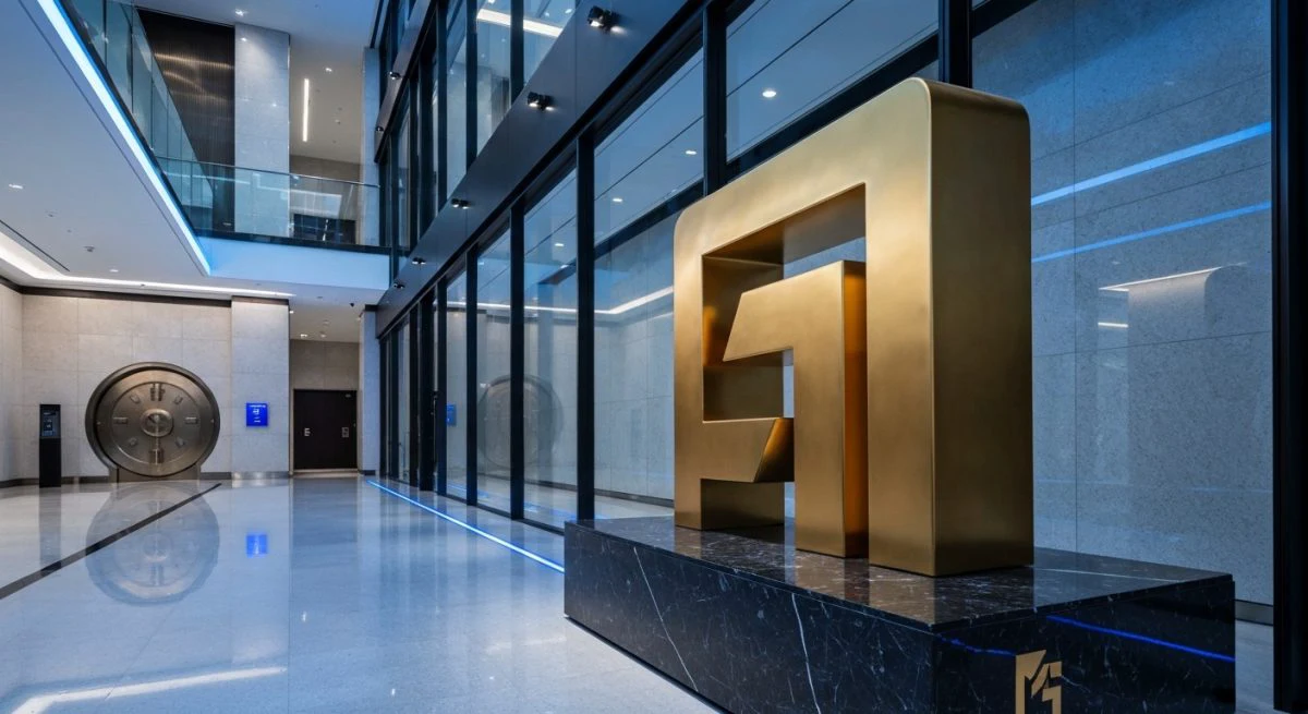 Colosal escultura dorada del logo Meta en lujoso lobby bancario