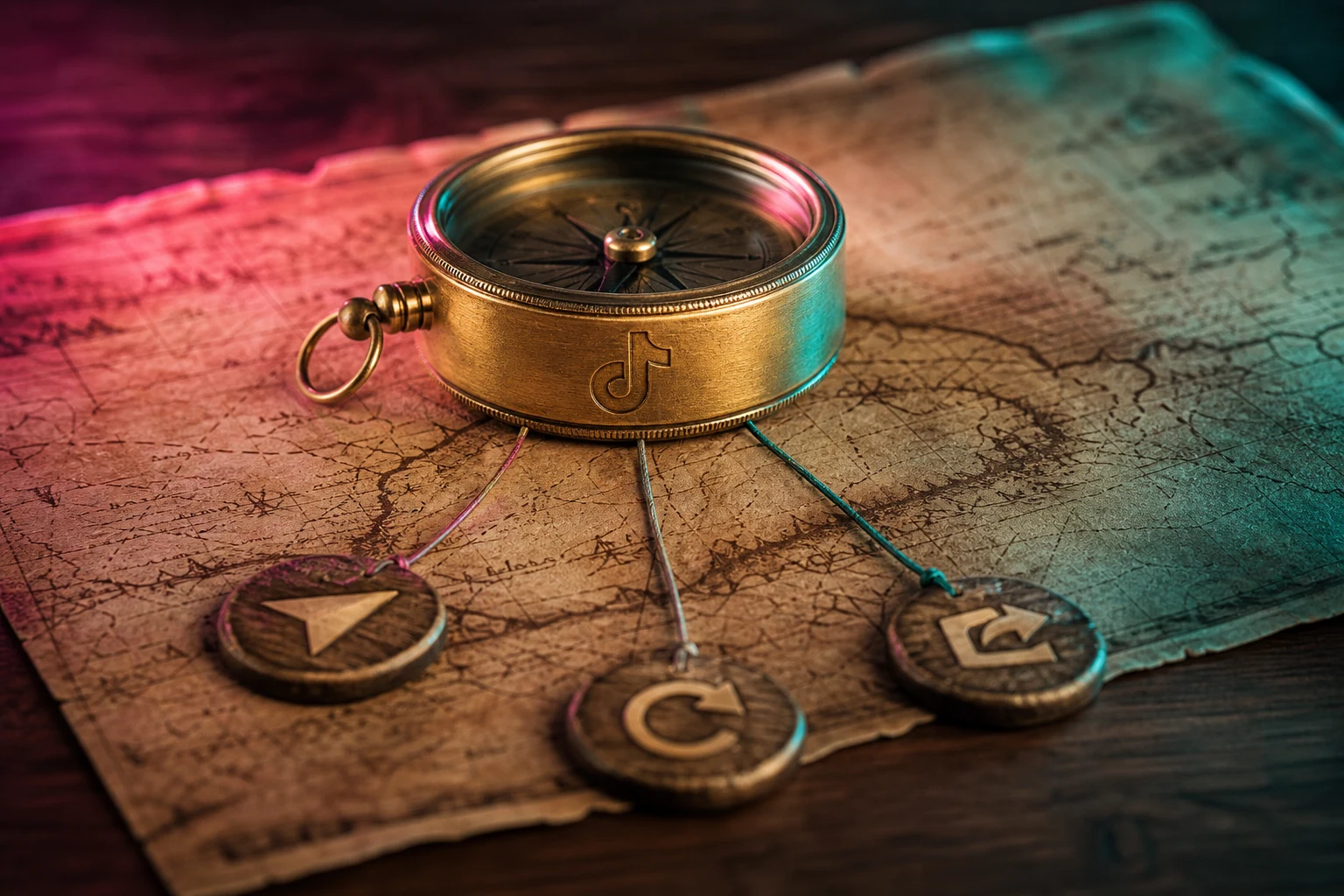 Compás de latón vintage con logo TikTok sobre mapa antiguo