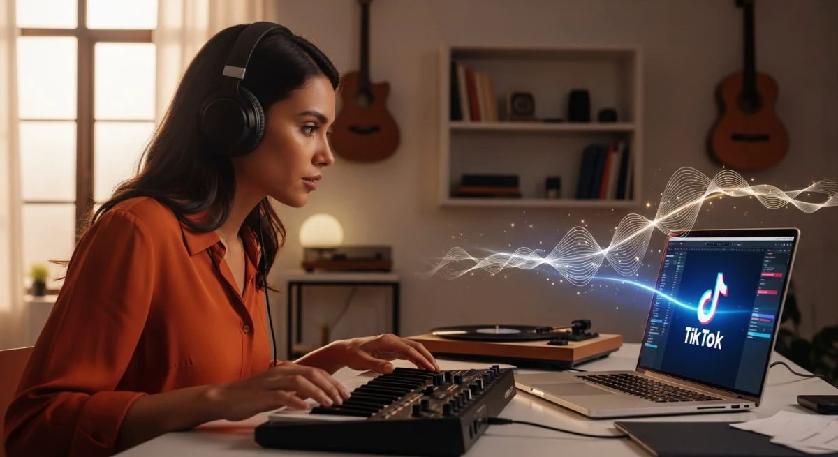Compositora creando música con nuevas herramientas de TikTok