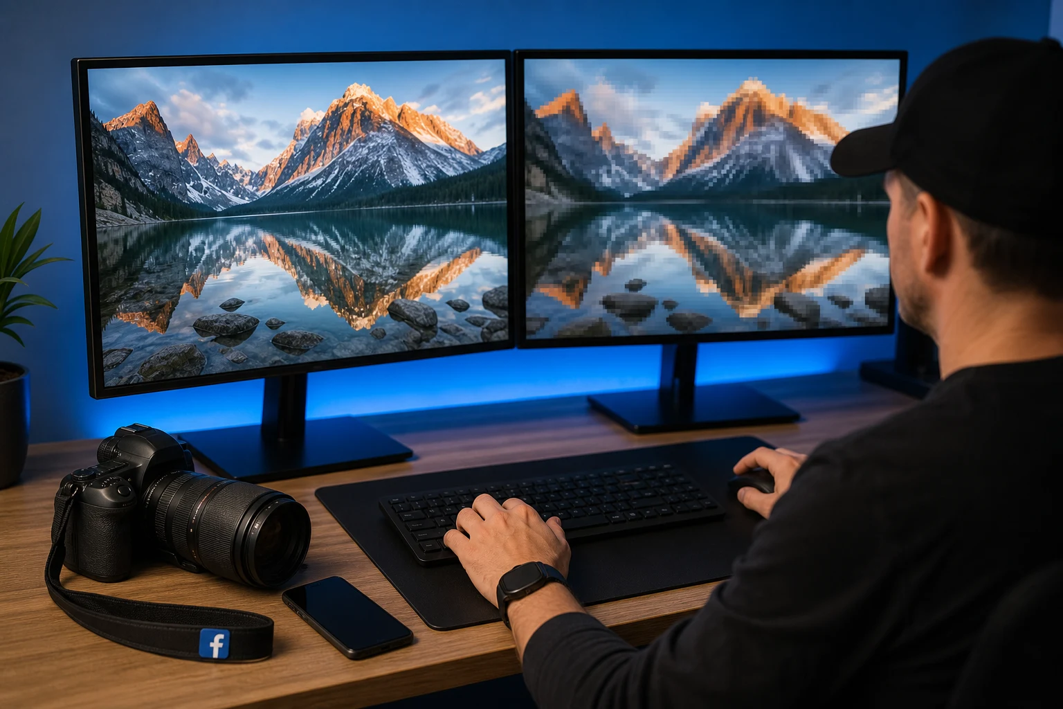 Configuración fotográfica con DSLR y móvil entre dos monitores Facebook