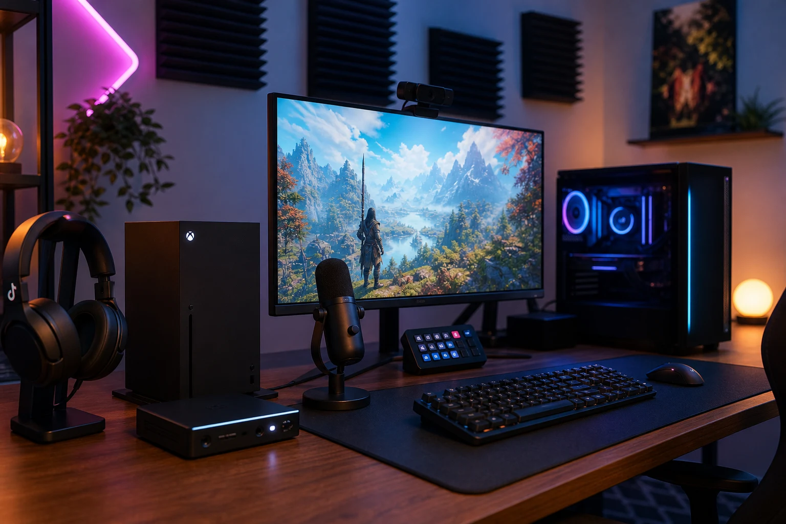 Configuración gaming con Xbox monitor micrófono y logo TikTok en auriculares