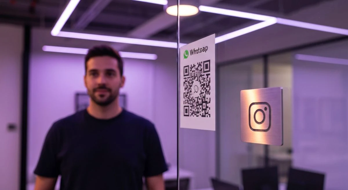Creador de contenido ante vidrio con código QR WhatsApp Instagram