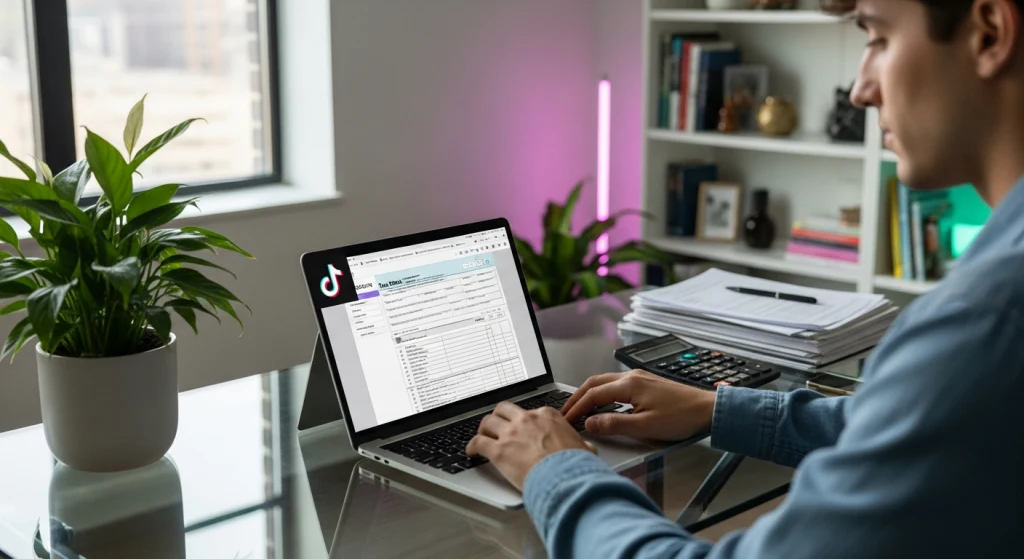 Creador de contenido en escritorio de vidrio con laptop TikTok