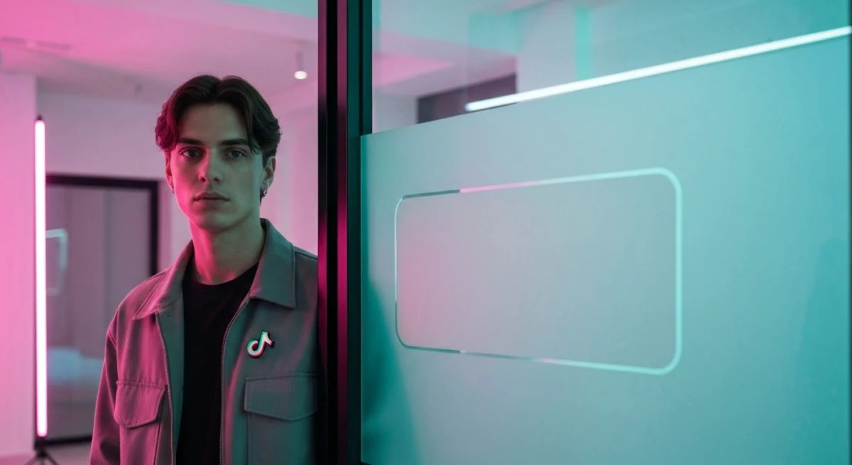 Creador de contenido joven frente a pared de vidrio TikTok