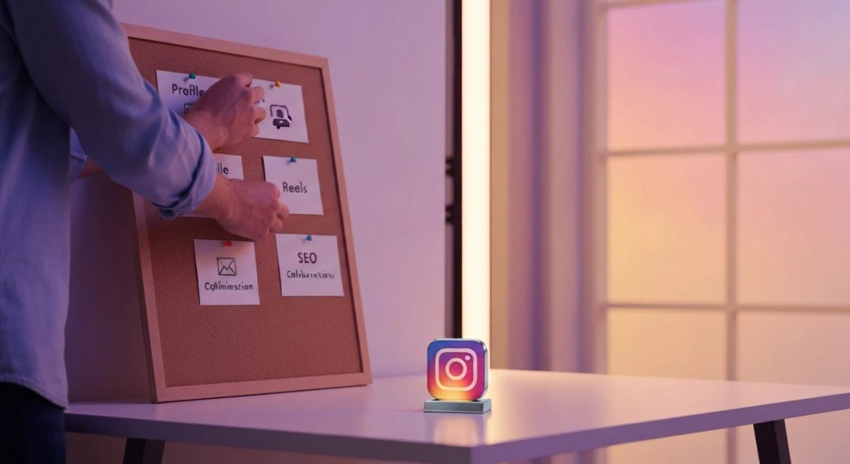 Creador de contenido junto al escritorio con logo de Instagram