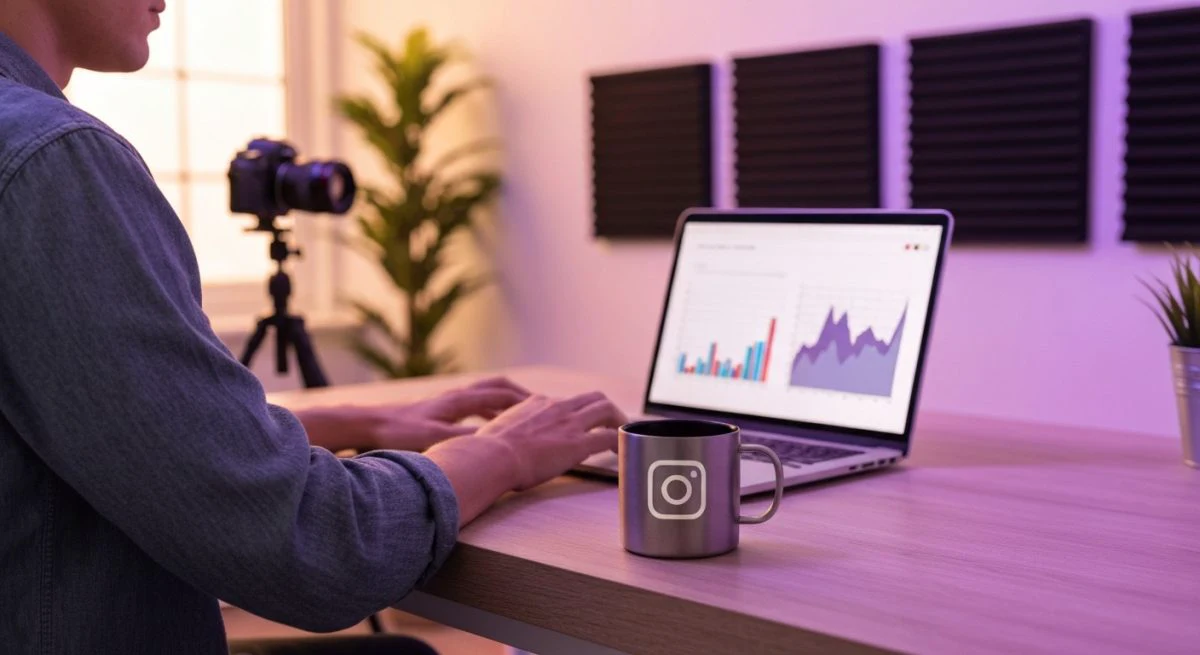 Creador de contenido sentado ante portátil con taza Instagram grabada