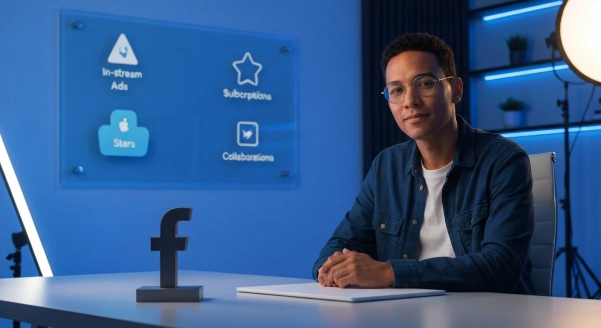 Creador de contenido sentado en escritorio minimalista con logo Facebook