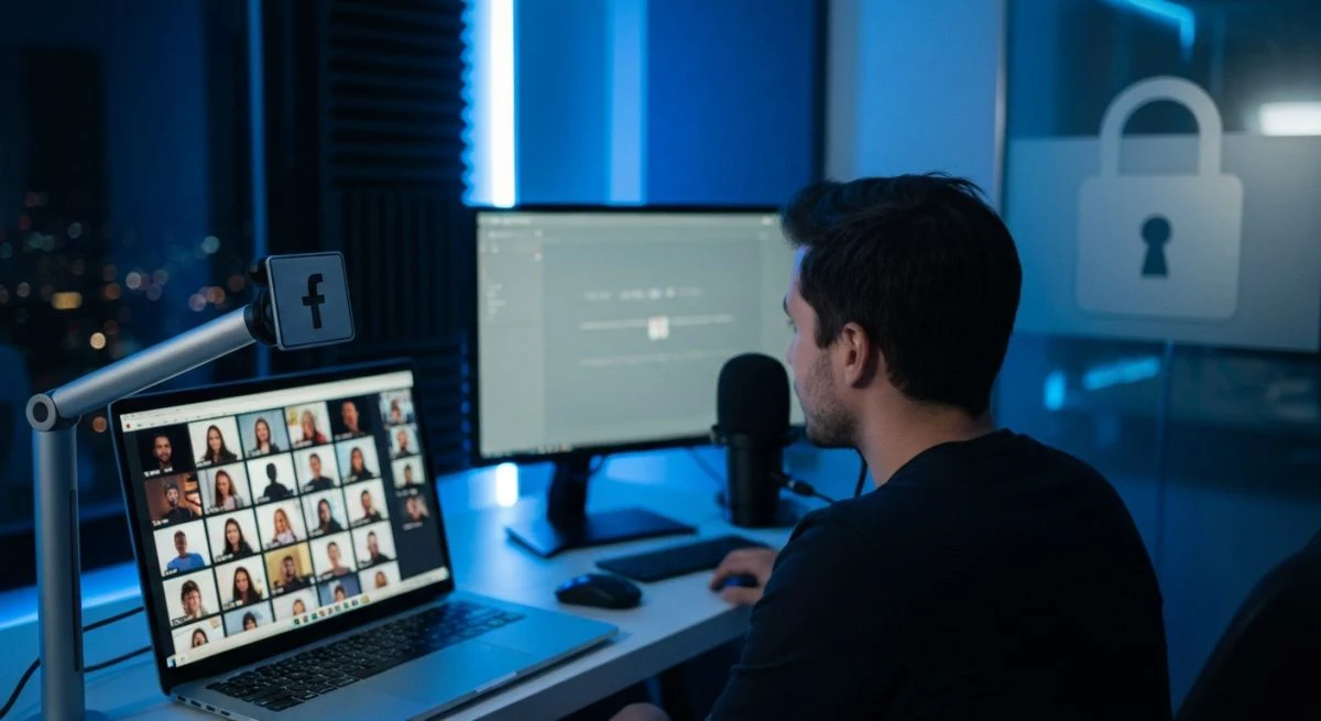 Creador de contenido transmitiendo desde estudio moderno con emblema Facebook