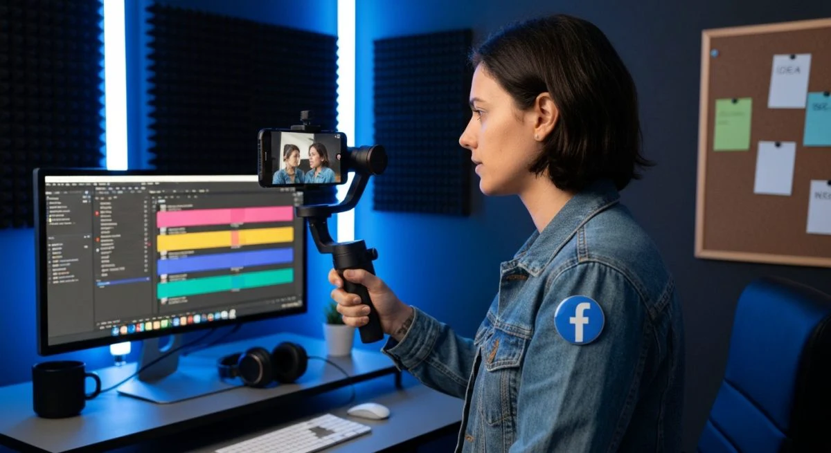 Creador de contenidos filmando Facebook Reel con smartphone en estabilizador
