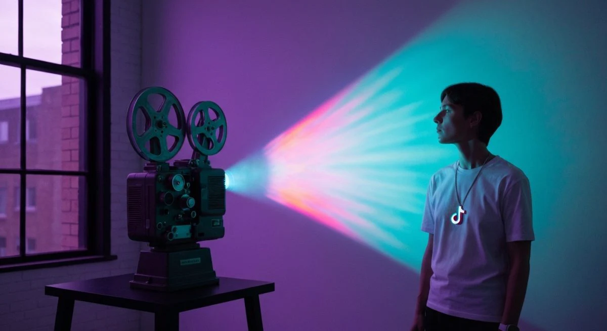 Creador de TikTok en loft de edición frente proyector vintage