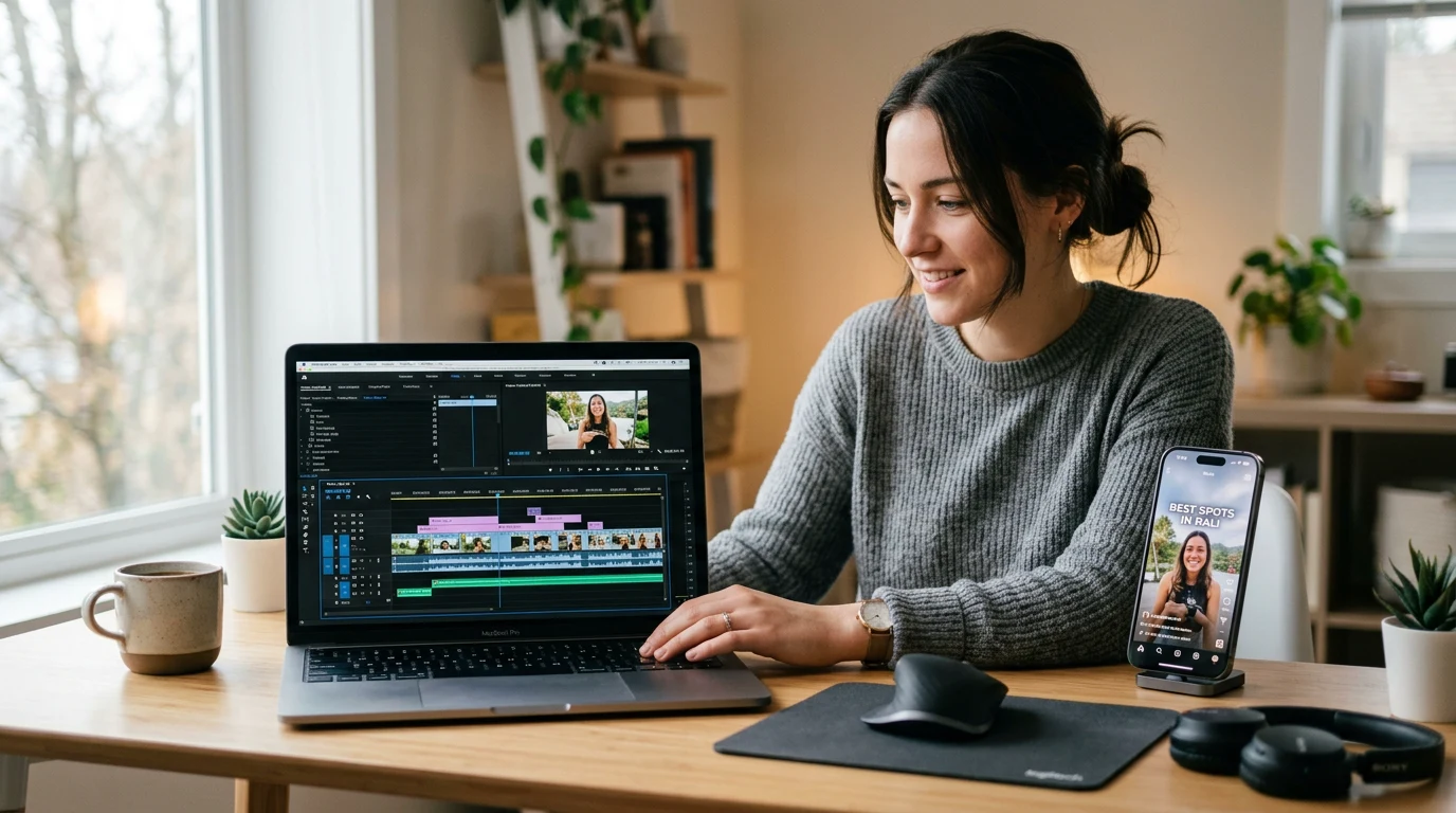 Creador editando videos para Instagram en laptop con linea temporal