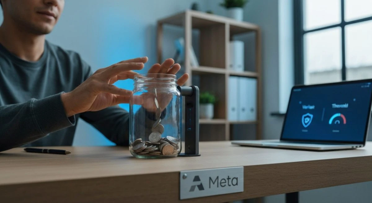 Creador en escritorio de estudio moderno con logo Meta grabado