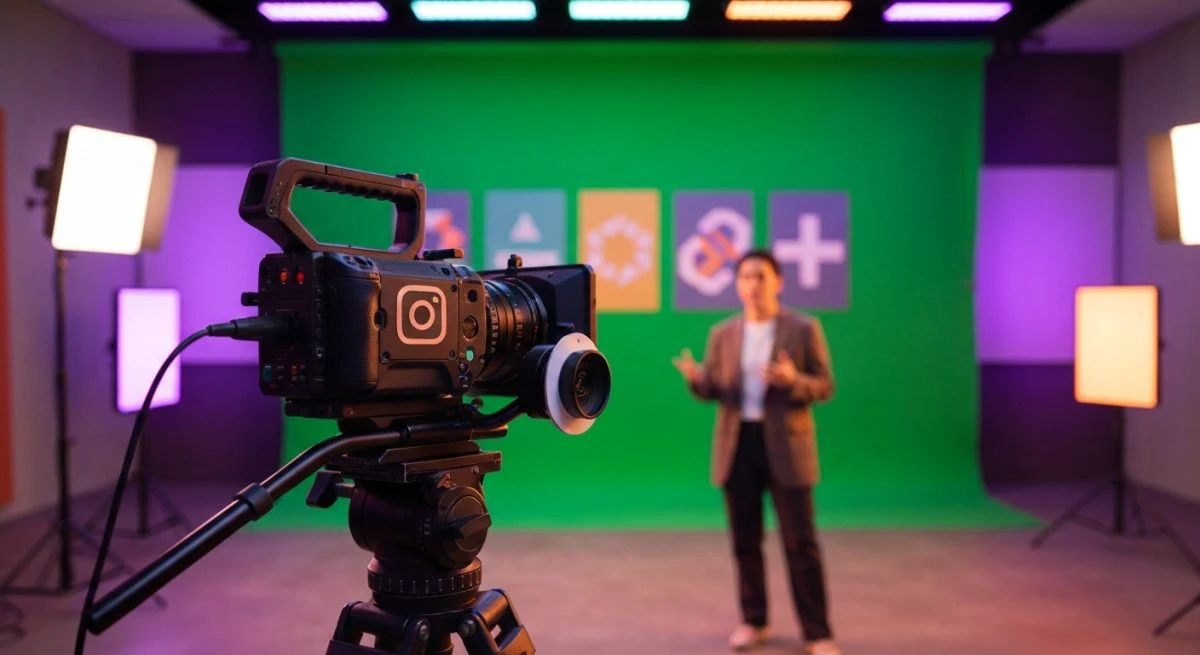 Creador frente a una camara de cine con logo Instagram