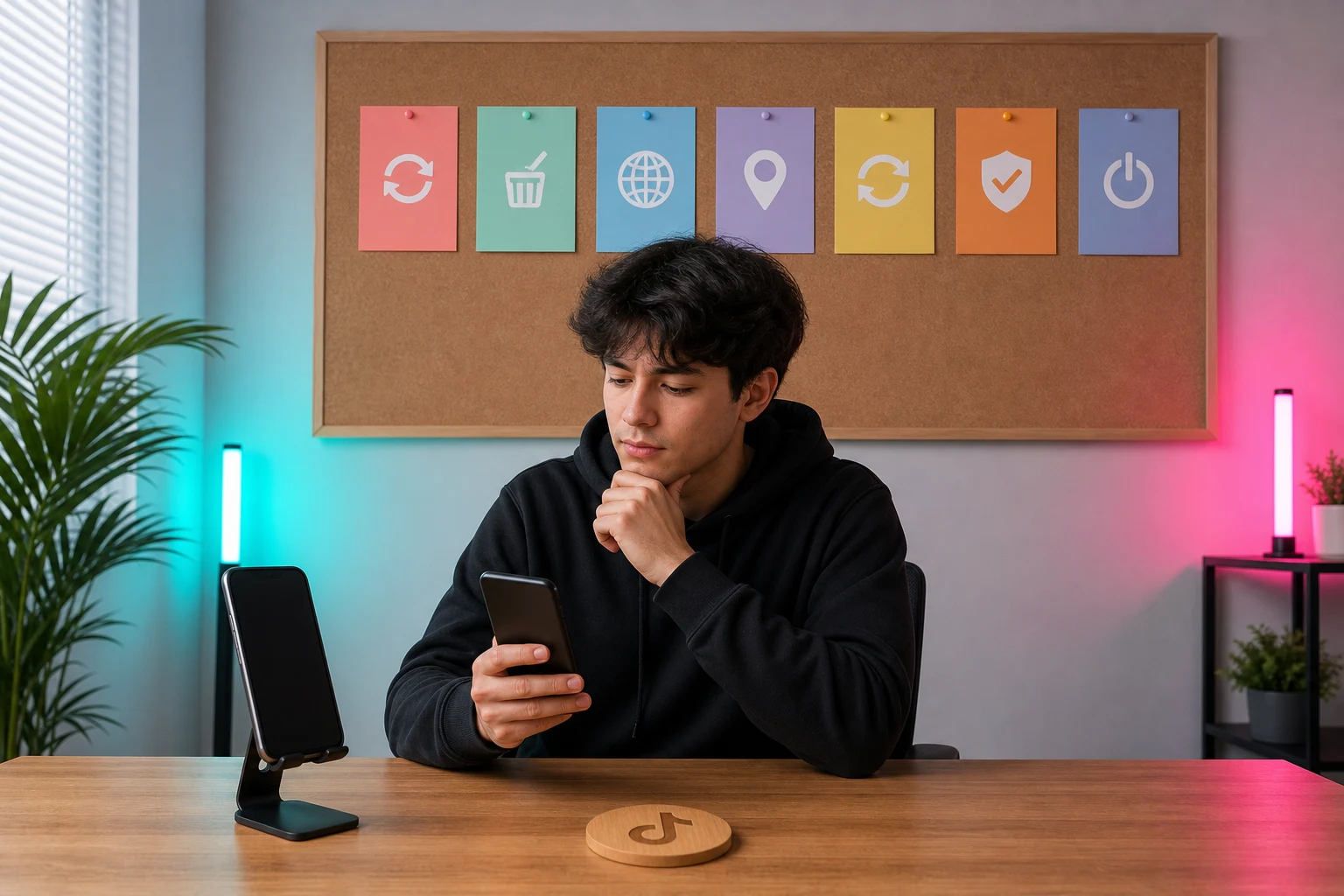Creador joven frente a tarjetas coloreadas con iconos de pasos