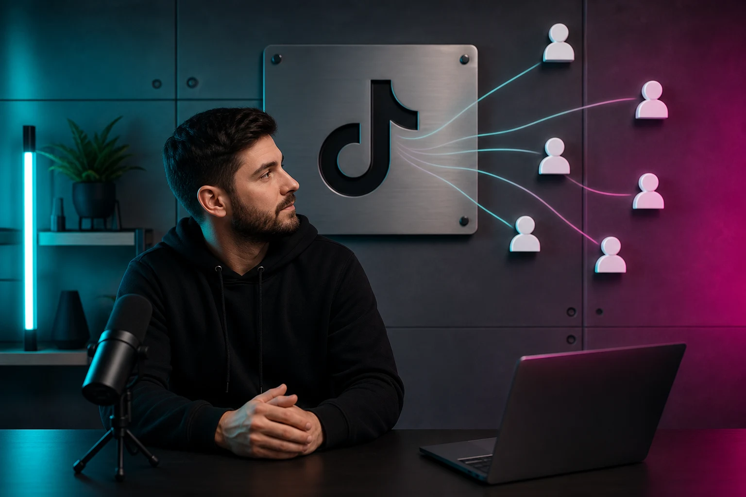 Creador sentado ante logo TikTok con siete siluetas de avatares