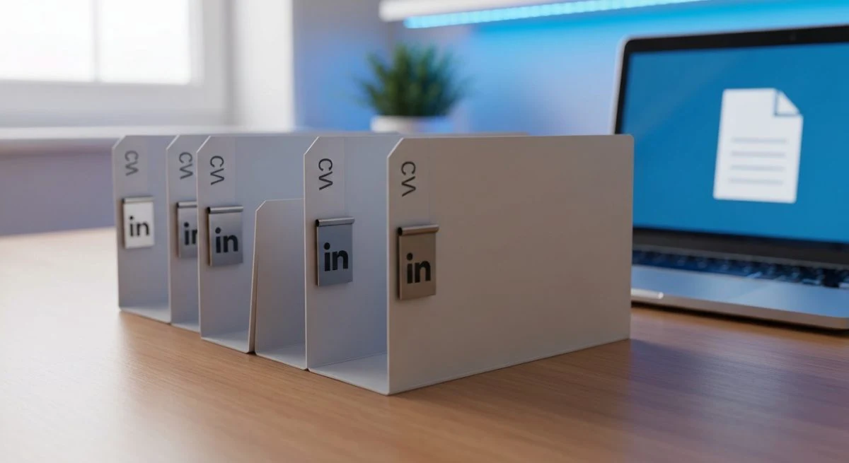 Cuatro CVs sobre escritorio de madera con clip metálico LinkedIn