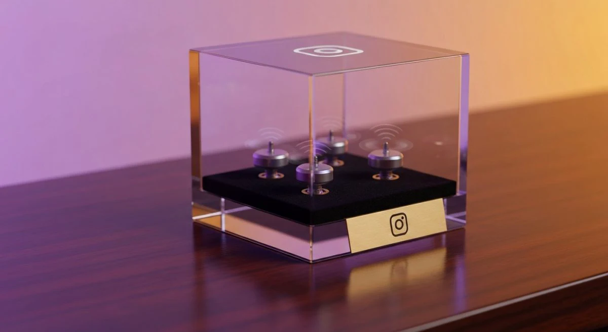 Cubo acrílico transparente con tres motores vibratorios sobre nogal Instagram