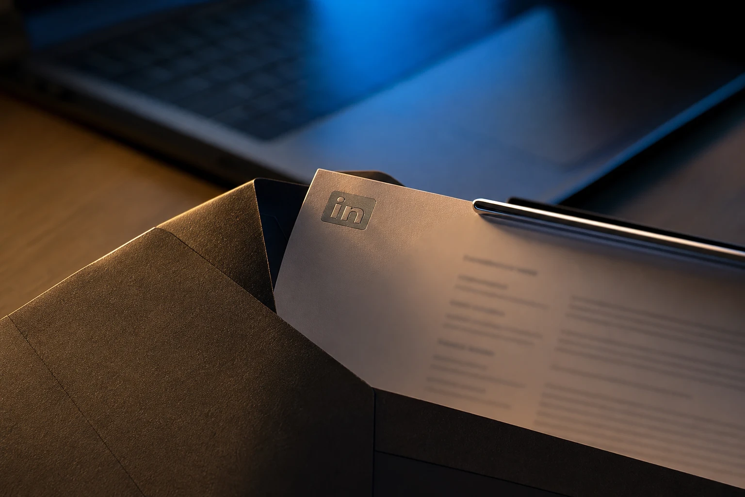 Currículum sobre carpeta con logo LinkedIn en escritorio minimalista moderno