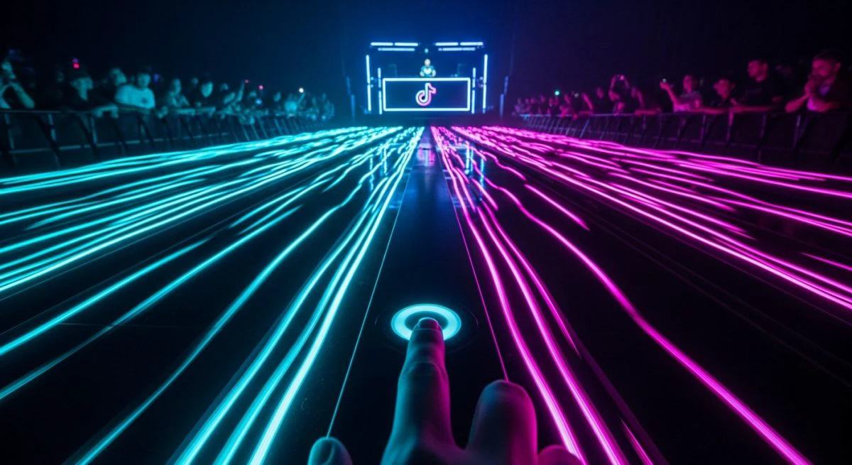 Dedo presionando un botón en barandilla de concierto futurista