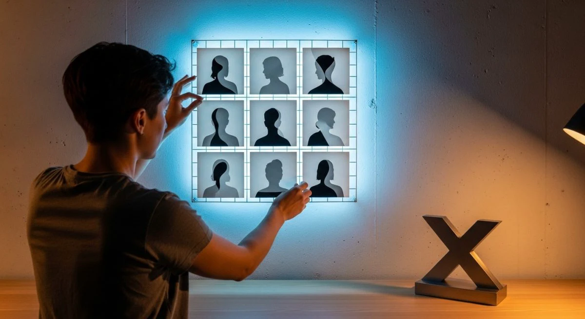 Diseñador ajusta rejilla 3x3 de fotos X con siluetas grises