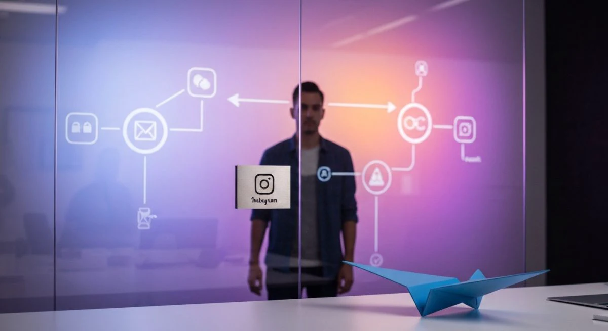 Diseñador ante vidrio esmerilado con mapa Instagram y logo Telegram